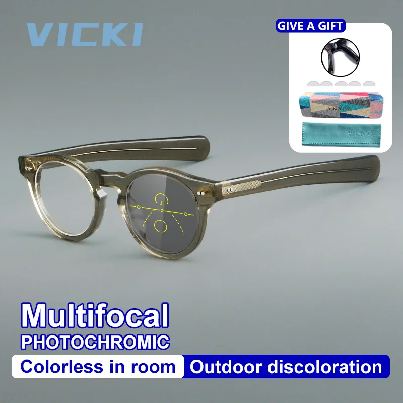VICKI Retro Round-Frame Acetate Progressive Multifocal Photochromic Blue Light Blocking Glasses Customizable Prescription 8151