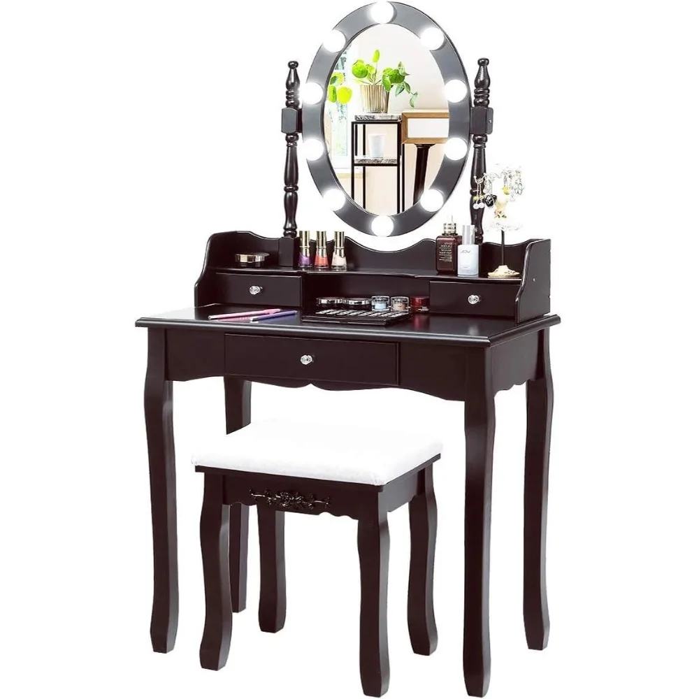 ReunionG Makeup Vanity Set with Lighted Swivel Mirror, 2 in 1 Dressing Vanity Table w/Removable Top, 10 Dimmable Bulbs, 3 Storag