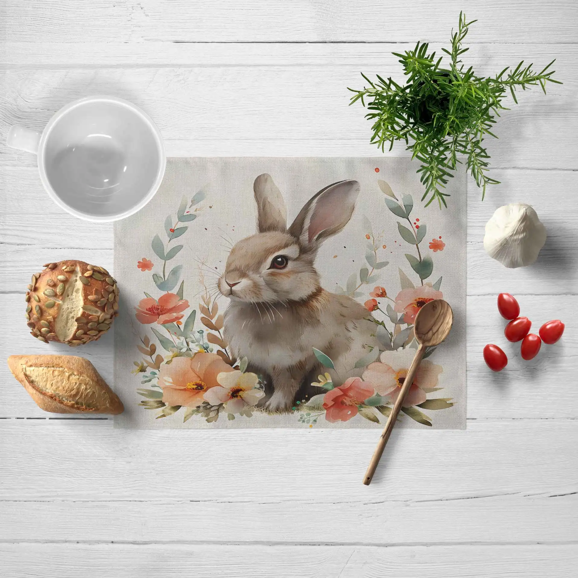

New Easter placemat cotton linen rabbit printed table mat small table flag festival home living room dining table decoration ins