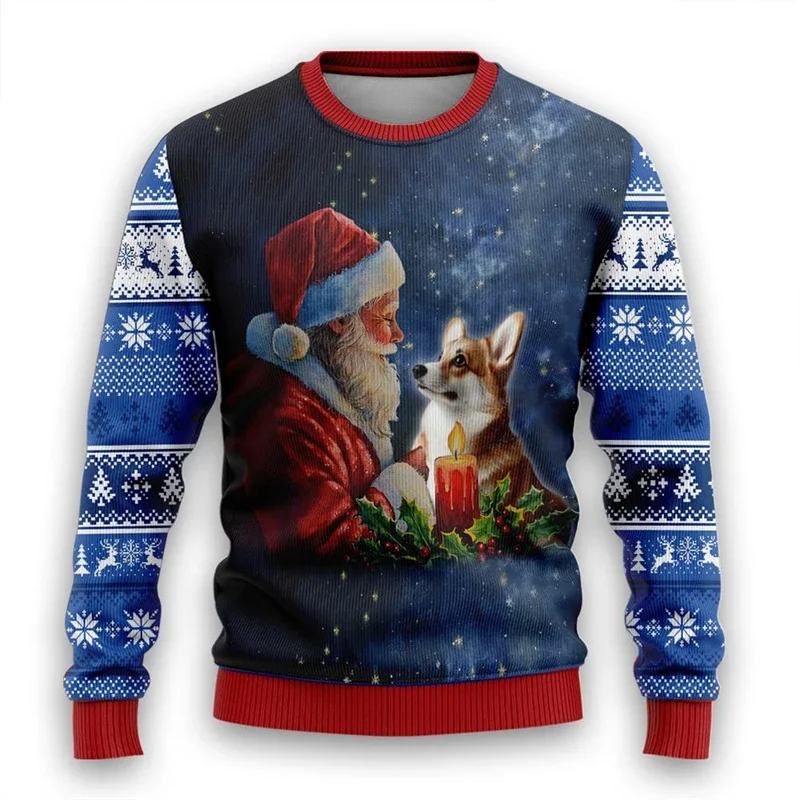 2024 New Holy Night Santa Claus Dog Graphic Sweaters Dog Lovers Mens Sweaters Holiday Ugly Sweater Rottweiler Corgi Pug Sweaters