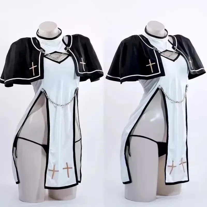 FGO Nun Cosplay Costumes Anime Sister High Split Dress With Cloak Women Punk Halloween Christmas Party Lingerie Pajamas Outfit