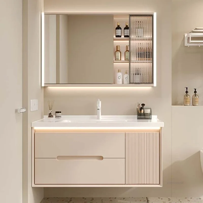 Modern Simple Bathroom Cabinets Ceramic Integrated Basin Solid Wood Sink Cabinet Combination Smart Wash Basin Furniture