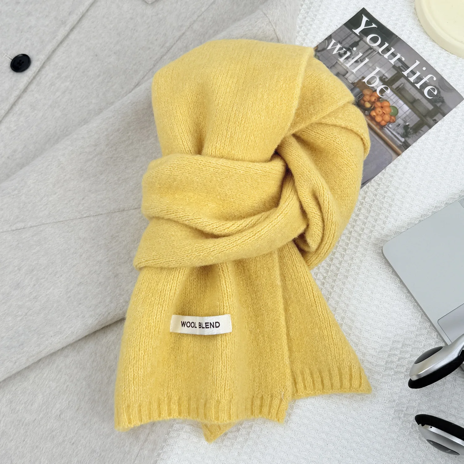 وشاح منسوج من الصوف للجنسين بلون سادة وسميك ودافئ للشتاء لتدفئة الرقبة جمالي جديد للنساء والرجال