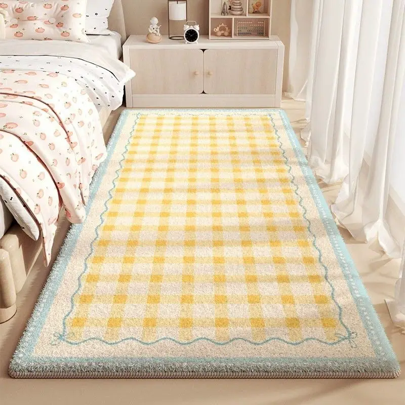 VIKAMA Yellow White Checker Wavy Blue Edge Fluffy Floor Mat Water Absorbent Non Slip Dormitory Bedroom Long Rug Home Decor