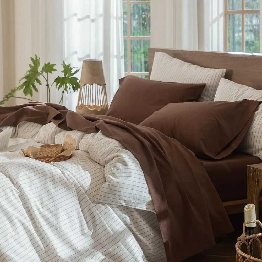 

100% Cotton Queen Sheet Set - Linen Texture, Breathable & Durable, Solid Caramel Brown