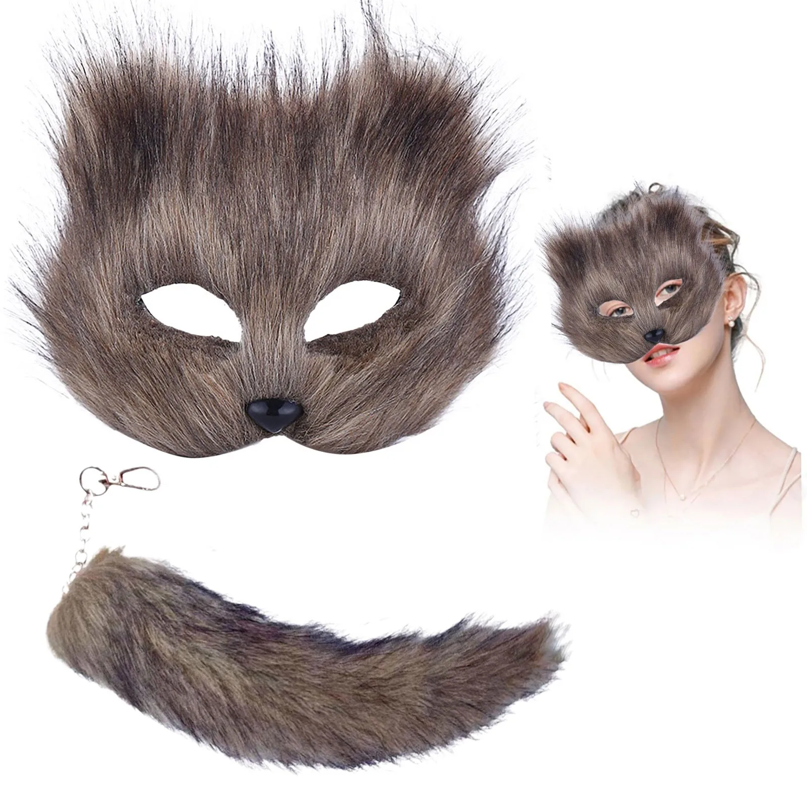 

Therian Mask and Tail Set Halloween Cosplays Costume Accessorie Cats Mask Tail Half Face Faux Furs Foxes Tail Cats Mask