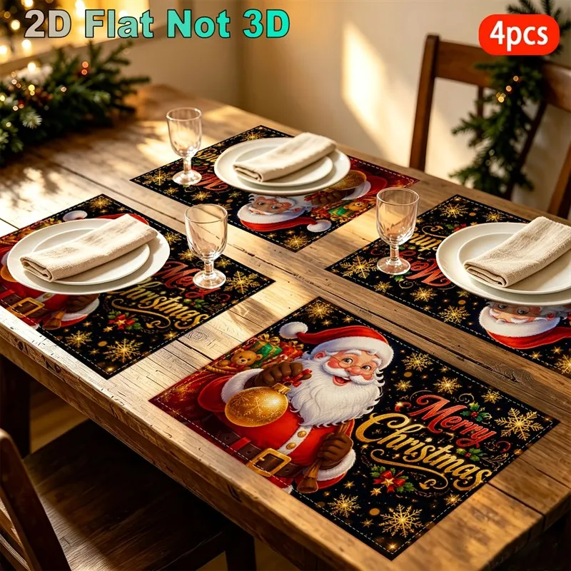 VIKAMA Christmas Linen Placemats, Santa Gold Merry Christmas on Black, Durable Woven Easy Clean, Dining Room