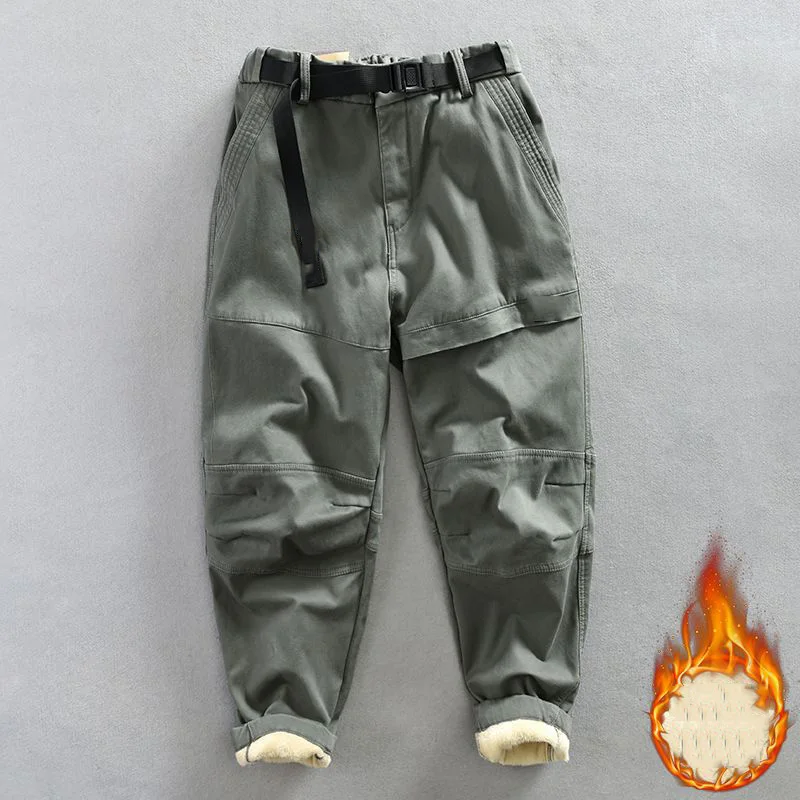 

Men Thicken Belt Casual Haren Pants Korean Fashion Vintage Handsome High Street Trousers Winter Male Warm Loose Workwear Pants