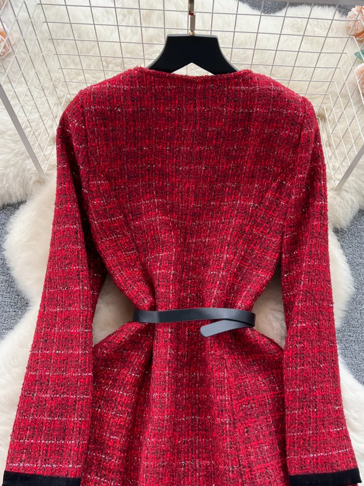 Vestido Midi de Tweed rojo vino de manga larga con cuello redondo para mujer, vestido de lana de un solo pecho, nuevo estilo de lujo, Otoño e