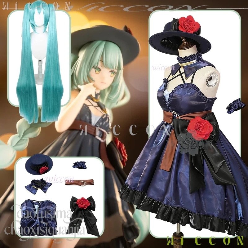 

Love CoCos Store Game Project Sekai Mikkuu Sleeveless Evening Dress Dark Blue Goth Lolita Hat Flower Twin Christmas Cosplay