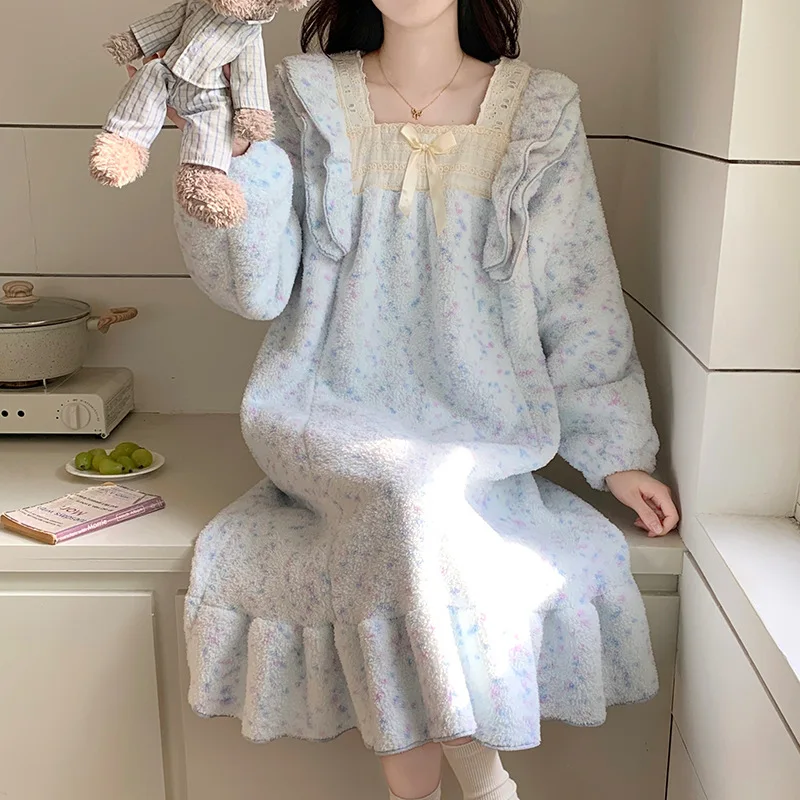 

Women's Half-Pile Nightdress Long Sleeves Pajamas Home Clothes Girl's Sleepwear Loungewear Thickened Warm Homewear Autumn Winter