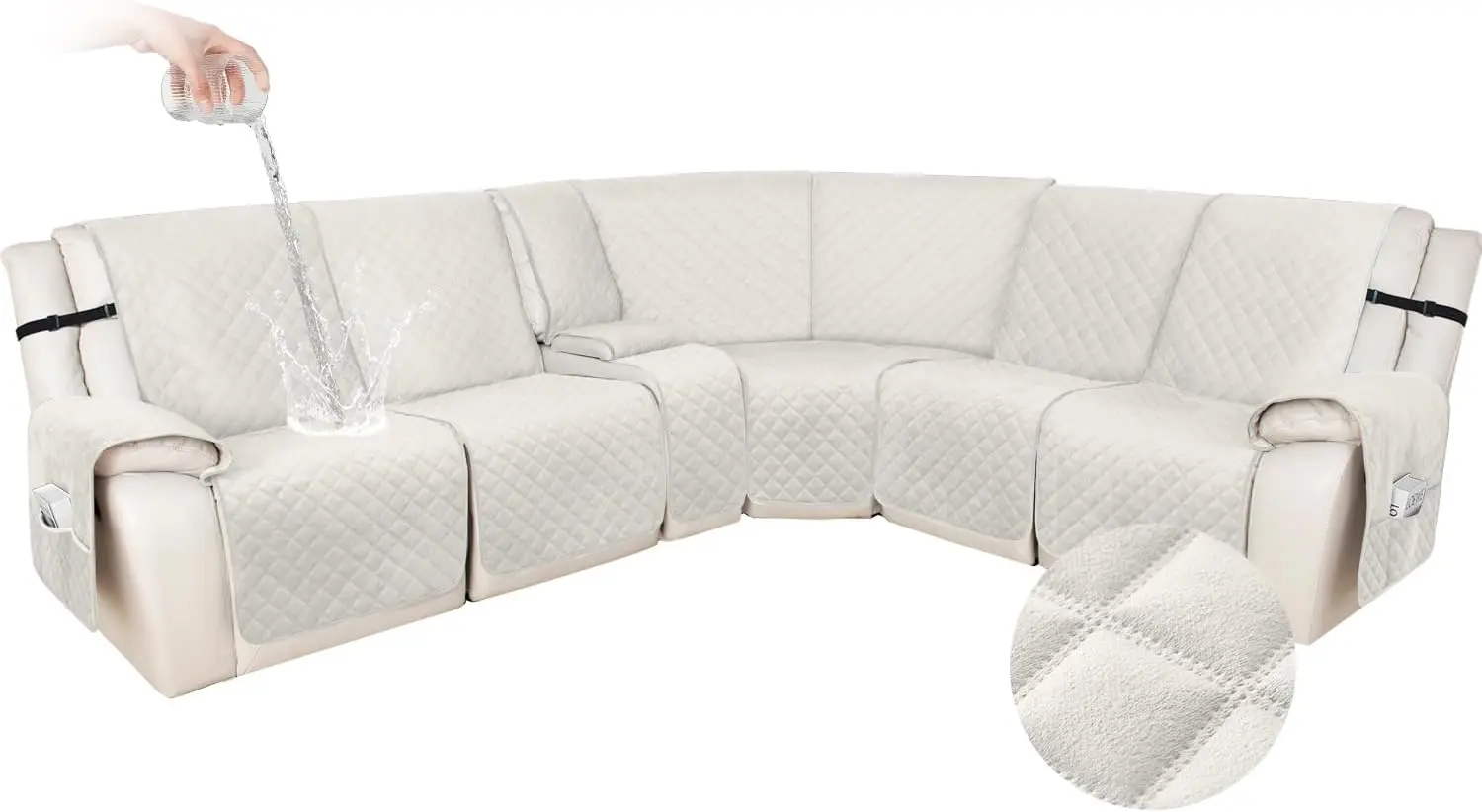 

Waterproof Velvet Recliner Sectional Cover L Shaped Non Slip Washable Thick with Pockets (5 Seat, 1 Console, Cream)