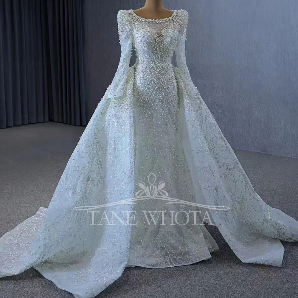 Gaun Pengantin Lengan Panjang Kerah O Berpayet Mewah Elegan dengan Tali di Belakang Model Sheath Robe De Mariee