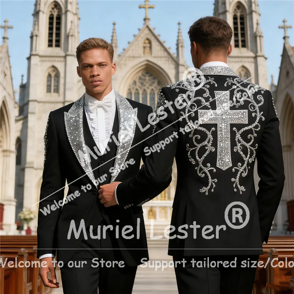 

Luxury Wedding Groom Tuxedos Formal Wear Sparkly Sequins Label Beaded Stones Jacket Pants 2 Piece Sets Suits Men Slim Fit Attire
