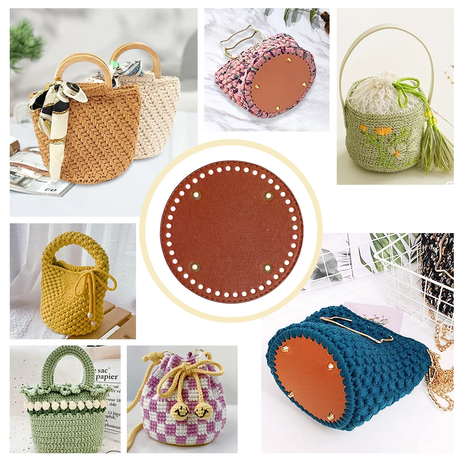 قاع مستدير للكيس المحبوك ، مصنوع من جلد البولي يوريثين ، قاعدة يدوية الصنع مع فتحات ، إكسسوارات الكروشيه ، 15 × 15 سم