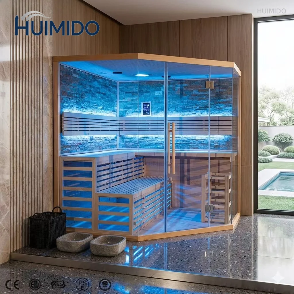 Large corner sauna room, can accommodate 6-8 people, infrared sauna, luxury sauna accessories, suitable for parties, camping