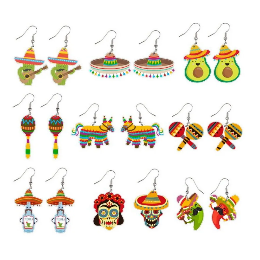 Mexican Carnival Theme Party Earrings May 5th Carnival Cactus Acrylic Earring Chili Rainbow Pendant Earrings Women Jewelry Gift