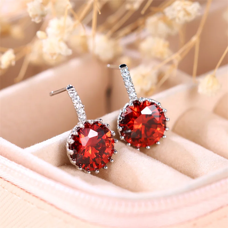 Luxury Female White Red Round Stone Earrings Charm Vintage Silver Color Wedding Earrings Boho Stud Earrings For Women