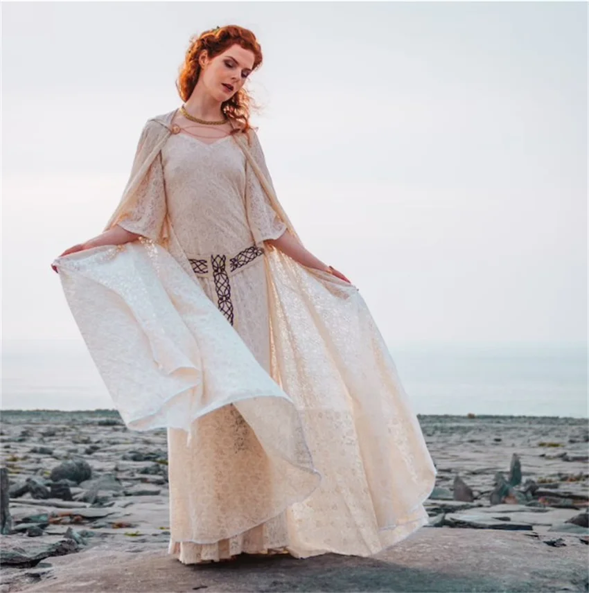 Vestido de novia celta de encaje Medieval para mujer, disfraz de Cosplay de Pixie Retro con capucha, princesa victoriana, bata elegante con capa