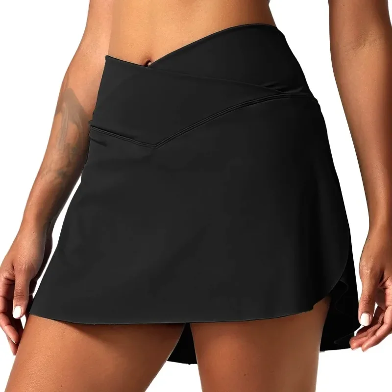 Women Pleated Tennis Skirt with Pockets Shorts Athletic Skirts Crossover High Waisted Athletic Golf Skorts Workout Sports Skirts