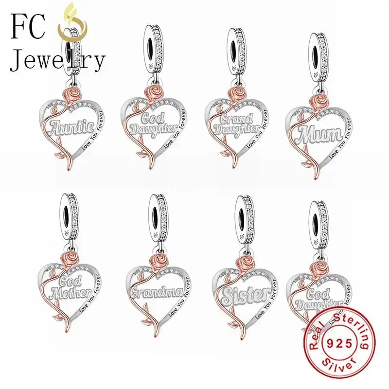 FC Jewelry Fit Original Pan Charms Bracelet 925 Silver God Mother Rose Flower Sister Auntie Bead For Making Christmas Berloque