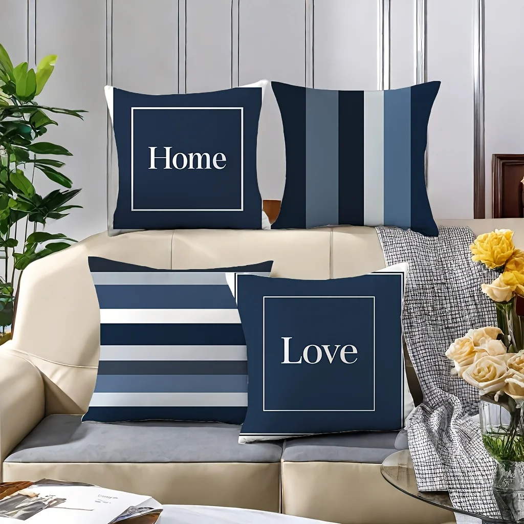 4pcs Dark blue text geometry Single-sided printing Short plush Suitable for living rooms bedrooms sofas (excluding pillow cores)
