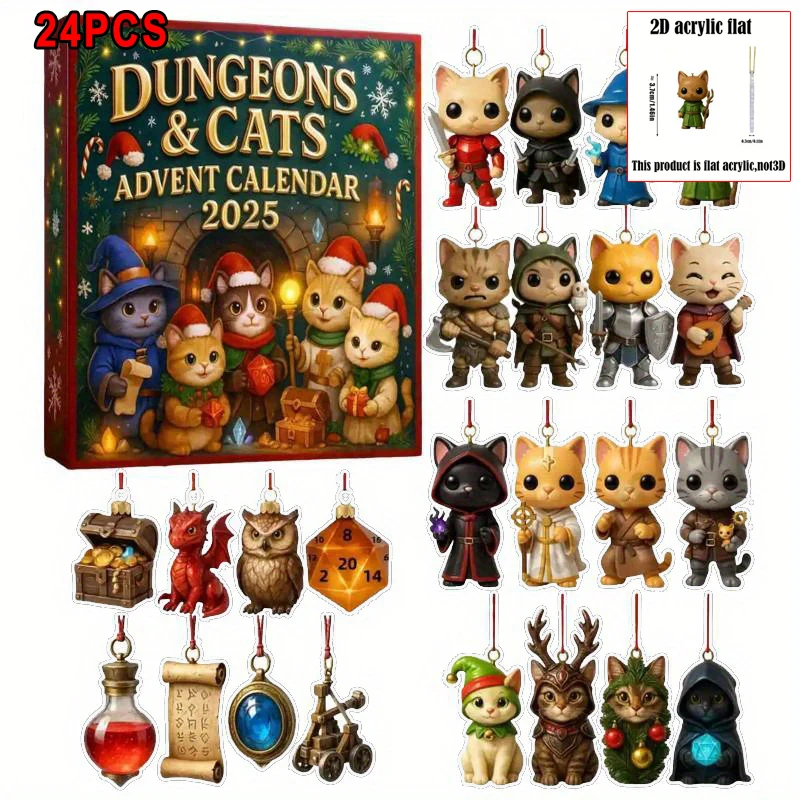 

2D Flat 2025 Dungeons Cats Advent Calendar 24-Day Countdown Surprise Cats Daily Door Doors for Christmas Calendar Box