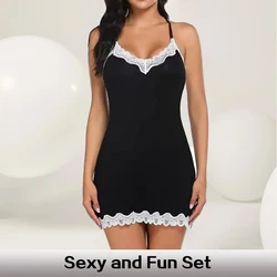 Summer Women's Silk Deep V-Neck Lace Edge Sleeveless Home Sexy Nightwear Women's Black Dress Nightwear