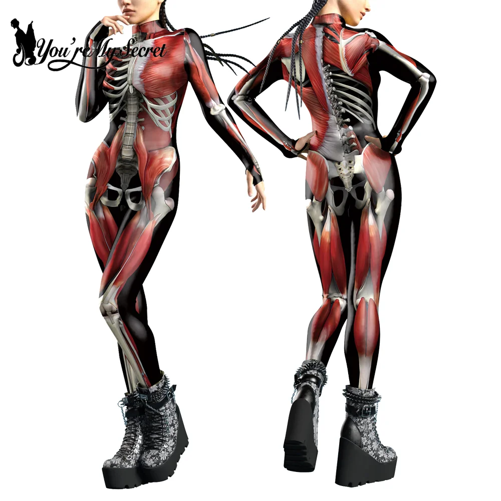 [You\'re My Secret] Halloween Cosplay 3D Party Muscle Printed Jumpsuit Long Sleeve Women Bodysuits Skinny Elastic Costume Catsuit