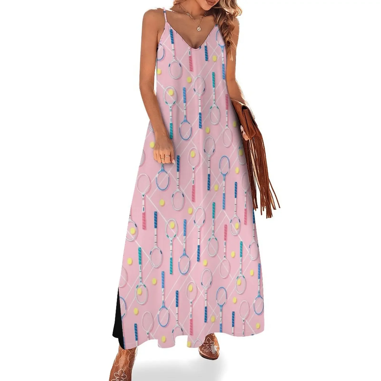 Decorative Pattern With Vintage Tennis Racquets On Pink Background Sleeveless Dress cute dress