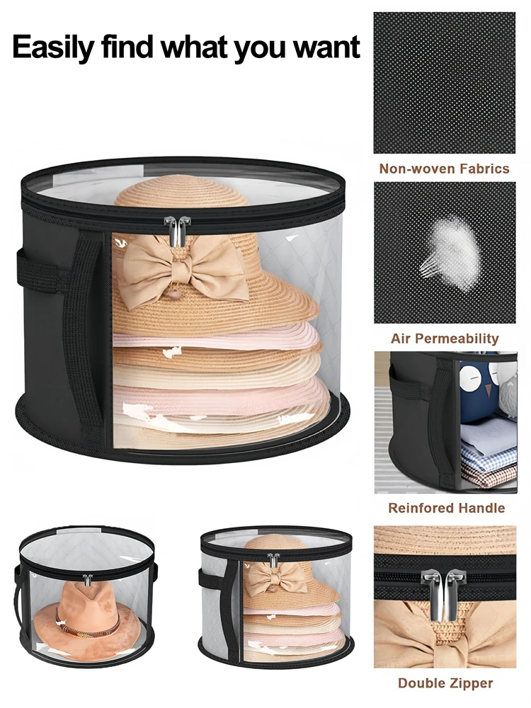 

Hat Storage Bucket, Clothing Hat Travel Organizer, Foldable Round Brim Hat Storage Bag with Handle and Clear Window