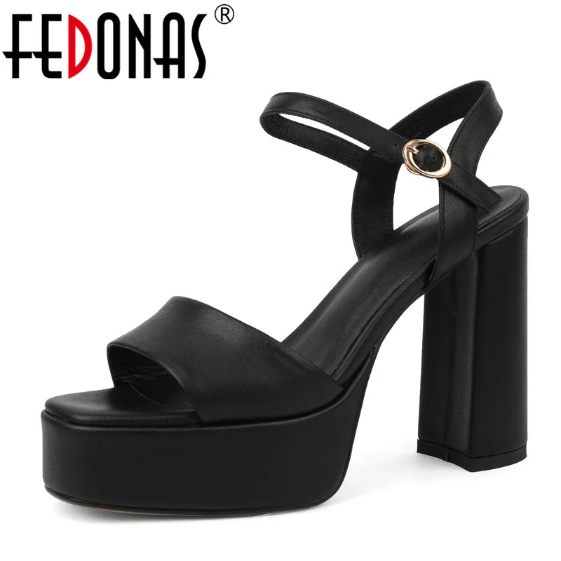 FEDONAS Women Top Quality Genuine Leather Sandals High Platform Thick High Heeled Pumps Summer Fashion Party Wedding Shoes Woman