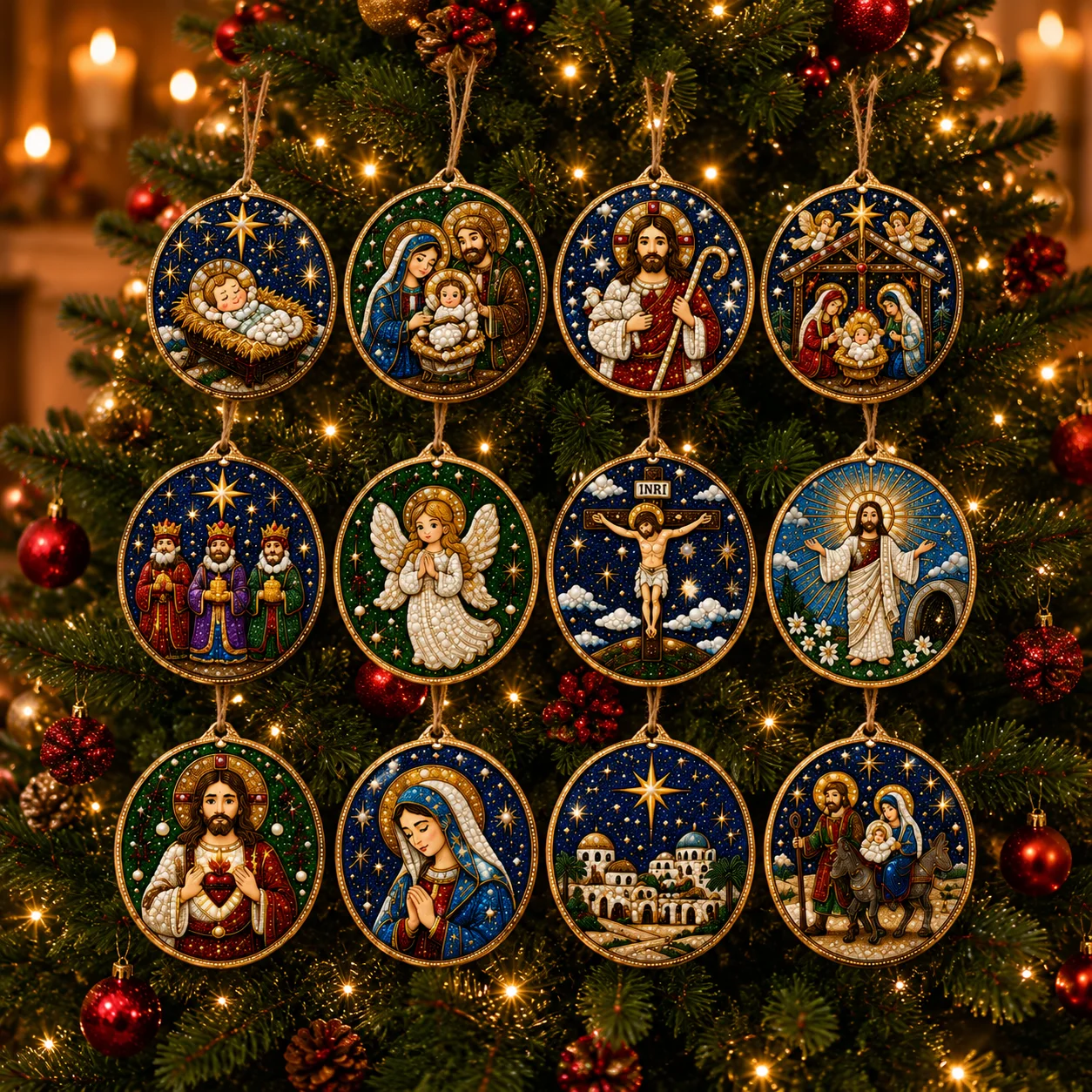 12Pcs Multi‑Design Christmas DIY Diamond Painting Ornaments Acrylic Pearl Drill Hanging Kit For Xmas Tree Fireplace Wreath Home