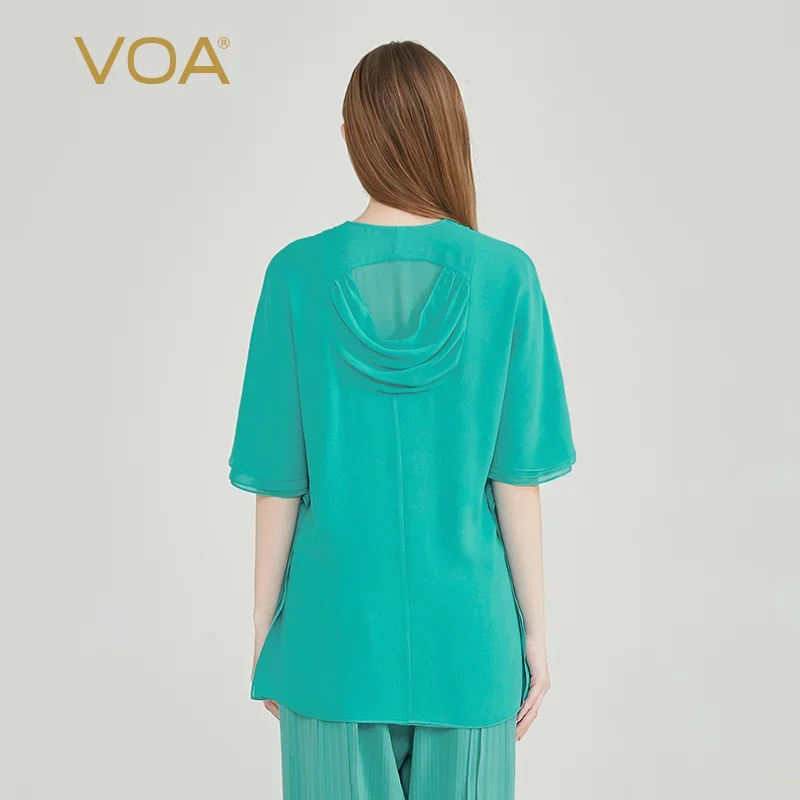 VOA seda Georgette de tres capas azul claro Tops con cuello en V mujeres hongo flor manga de murciélago cintura suelta camiseta de seda recta BE1611