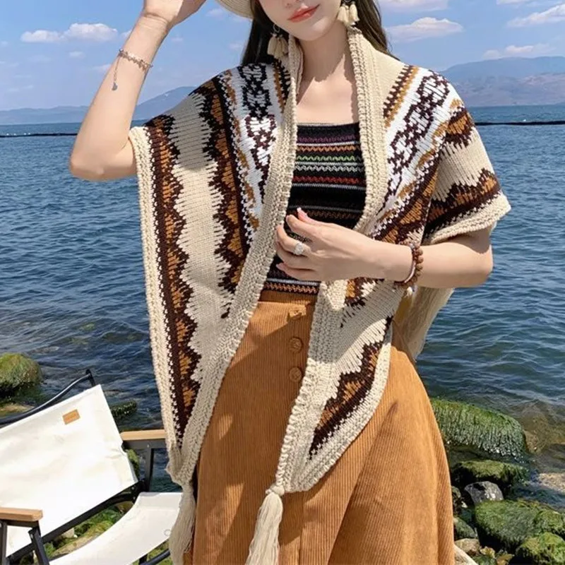 Autumn Winter Stoles Indie Folk Printing Cardigan Tassel Long Shawl Scarf Sweater Knitwear Women Handmade Knitted Poncho Cape