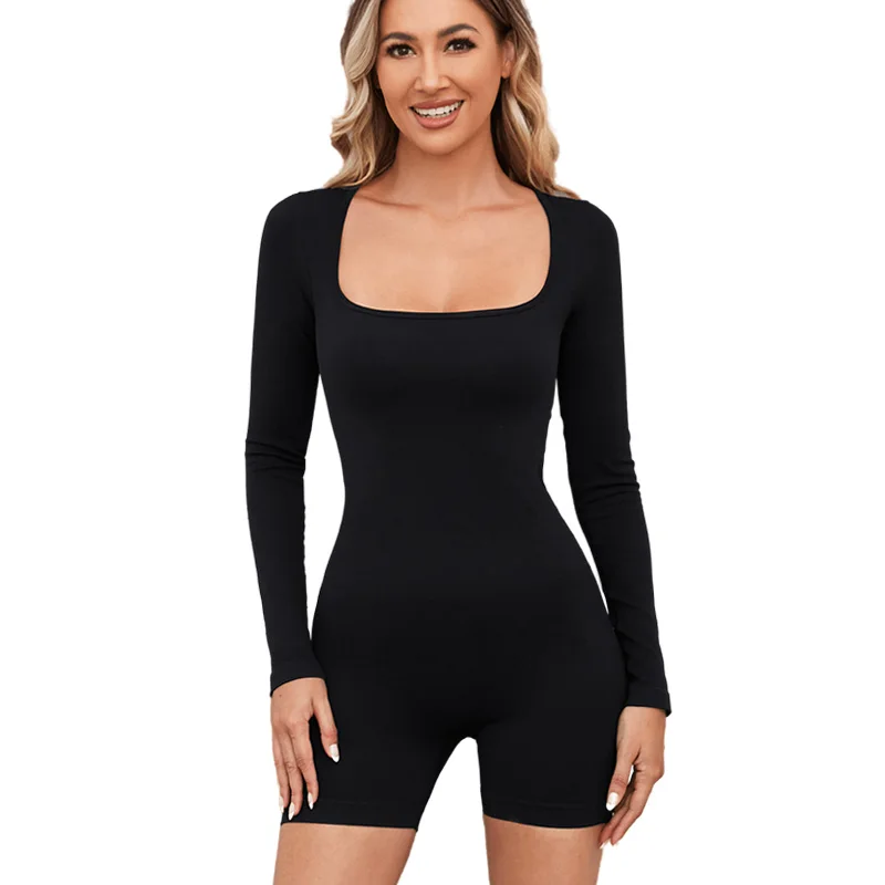 Seamless Yoga Jumpsuits Women Long Sleeve Square Neckline One Piece Yoga Set Fitness Gym Sportswear