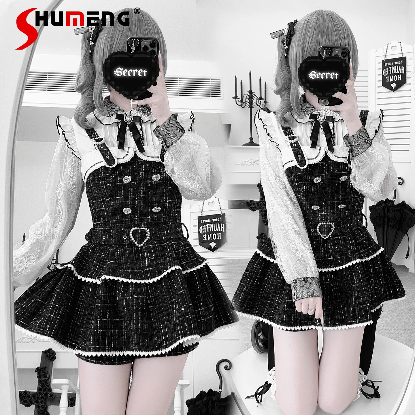 

Japanese Style Sweet Cute Girl Heart Buckle Belt Slim Fit Plaid Strap Dress High Waist Shorts Two-Piece Set for Women Winter