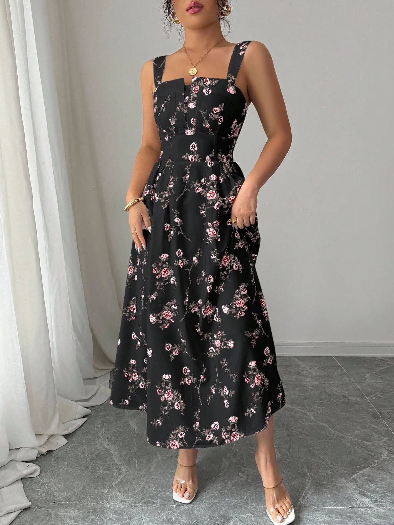 Womens Floral Print Midi Dress - đánh giá và giá Smocked Dress Women