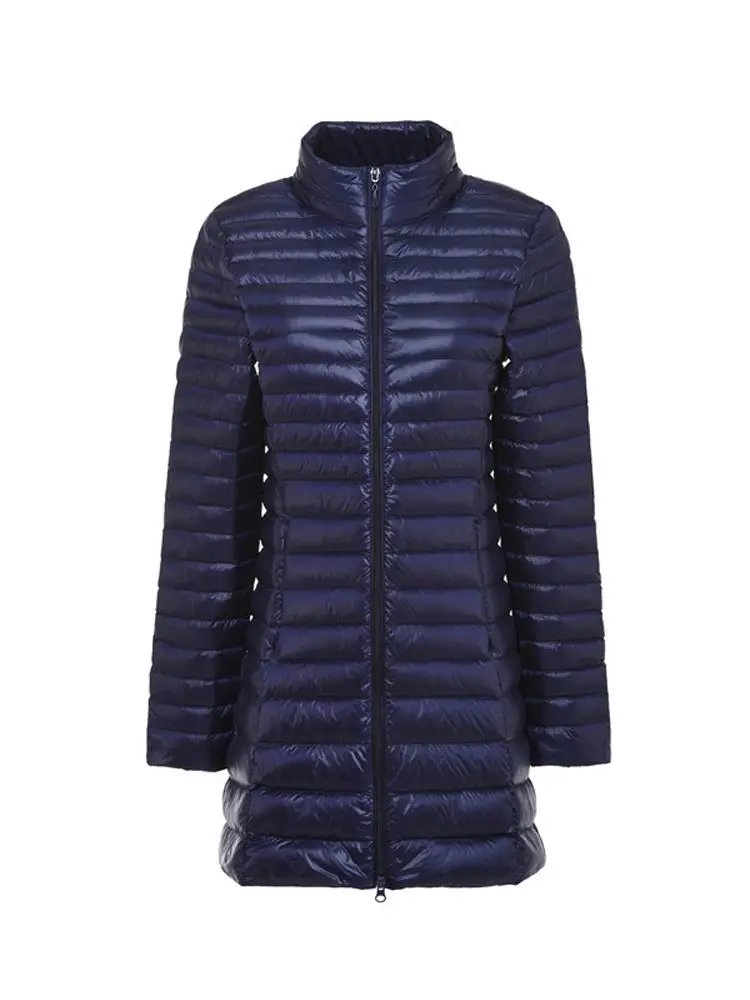 Casacos de pato para mulheres, ultra leve, casaco longo, casacos quentes, à prova de vento, fino e portátil, jaqueta puffer feminina, novo, inverno, 0-10 ℃, 2024