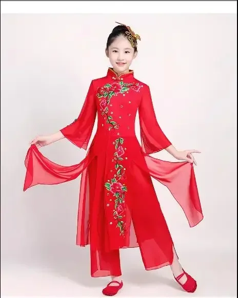 Bambini hanfu classic yangko dance stage costumes ink costumi di danza classica ragazze praticano vestiti fan dance