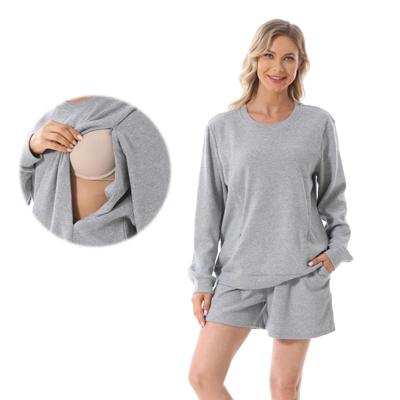 

Maternity Clothes Suits Pregnant Women 2pcs Set Sweatshirt and Shorts Pant Spring Autumn Breastfeeding Blouse and Shorts Sets