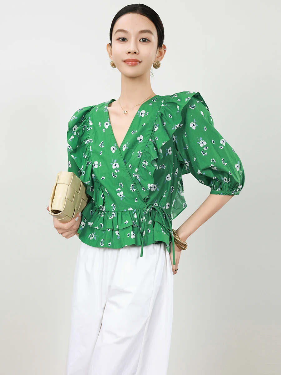 

Miss Snail Women's Short Sleeve Shirt Tie Design Lantern Sleeve Print Green Short Top Summer Casual Fit Cotton Polyester Blend