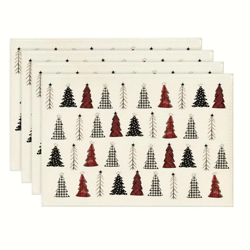 Plaid Christmas Tree Linen Placemats, Star Printed Table Mats, Xmas Farmhouse Dining Home Decoration