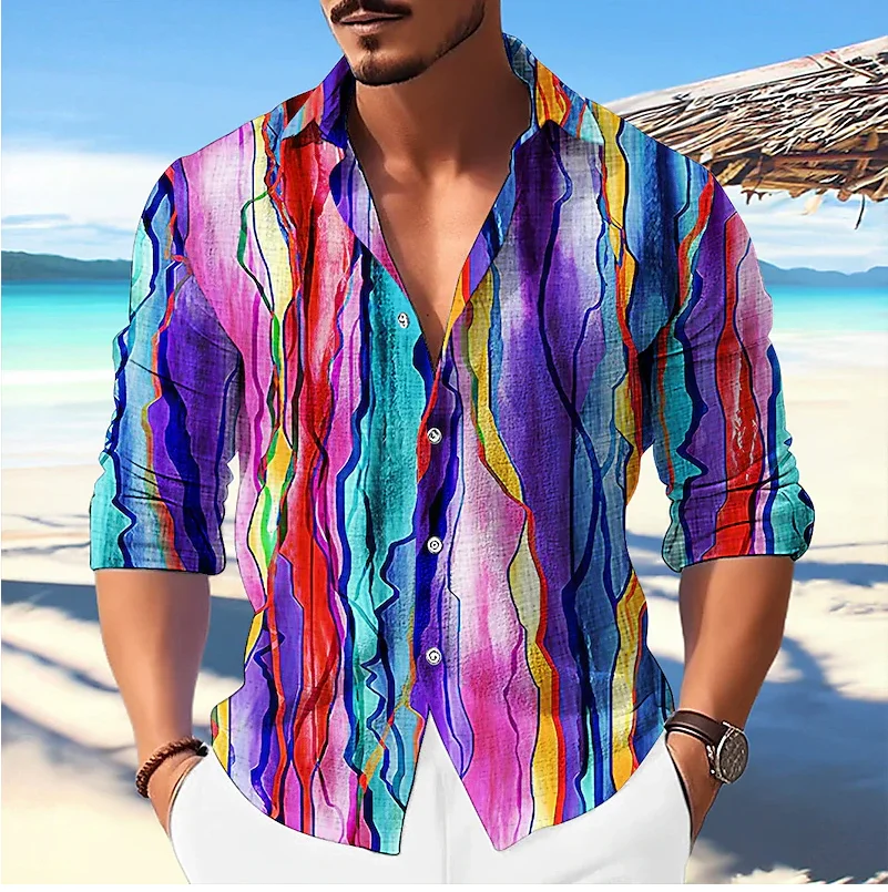 2024 Men's Popular Wave Pattern Button Flip Collar Long sleeved Shirt Soft and Comfortable XS-6XL