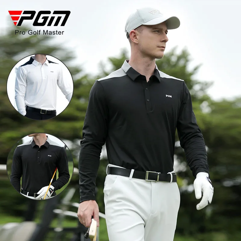 PGM Men Elastic Anti-sweat Golf T-shirt Male Lapel Leisure Shirt Patchwork Long Sleeve Golf Tops Autumn Casual Fitness Apparel