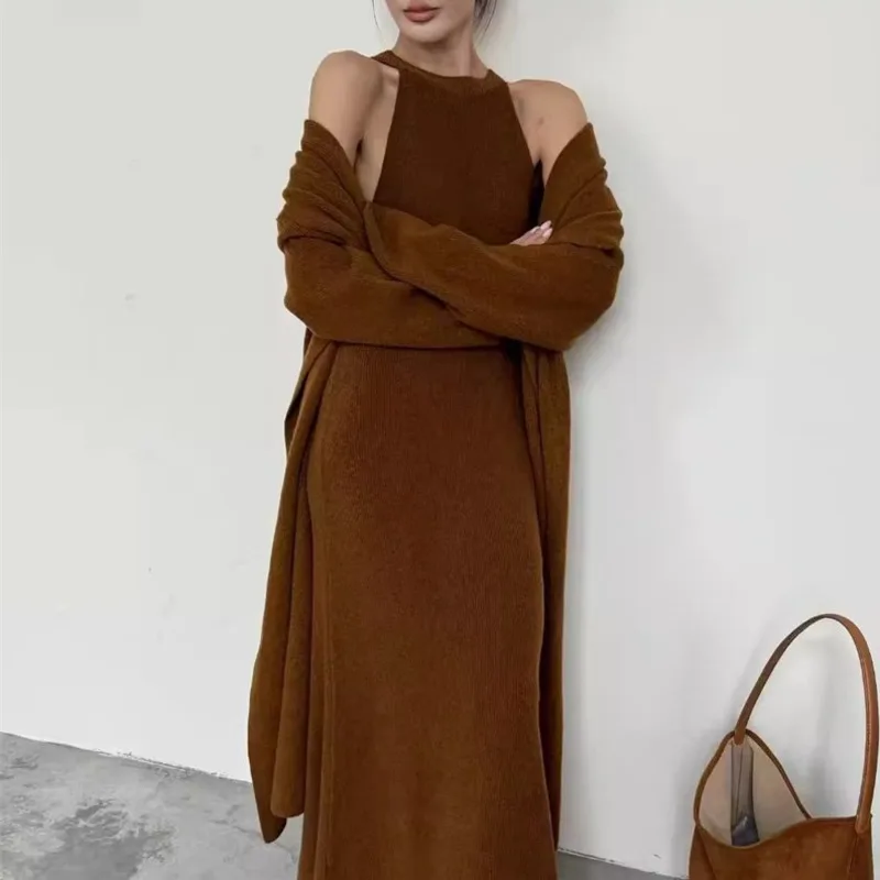 EAEOVNI 우아한 니트 2피스 세트 여성 솔리드 롱 가디건 코트 민소매 슬림 드레스 기품 있는 가을 겨울 신상 세트