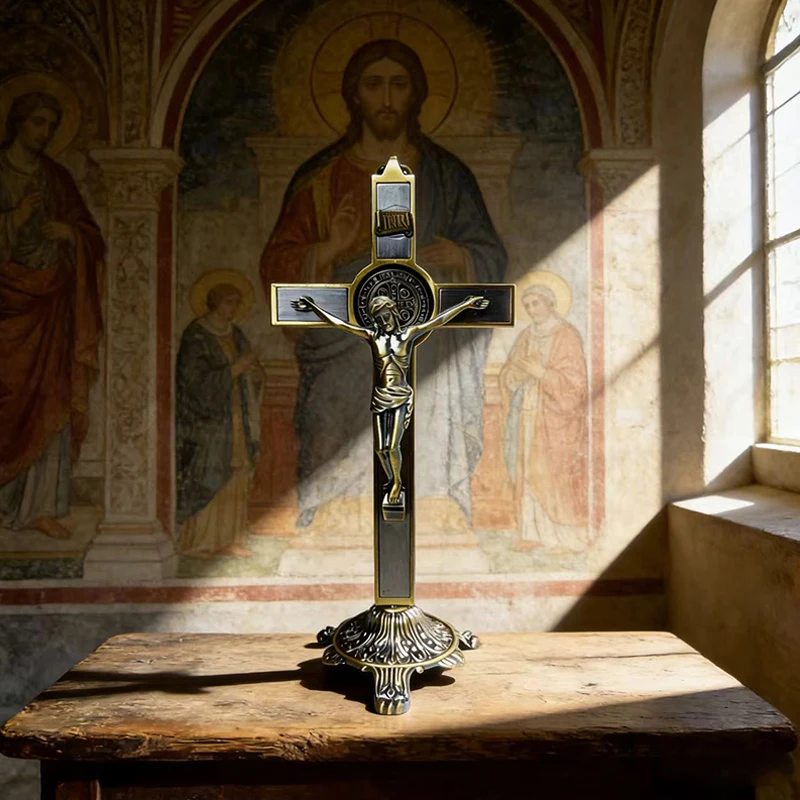 New 2026 Premium Two-Tone Catholic St Benedict Crucifix with Ornate Base for Tabletop Worship and Daily Spiritual Practice Gift