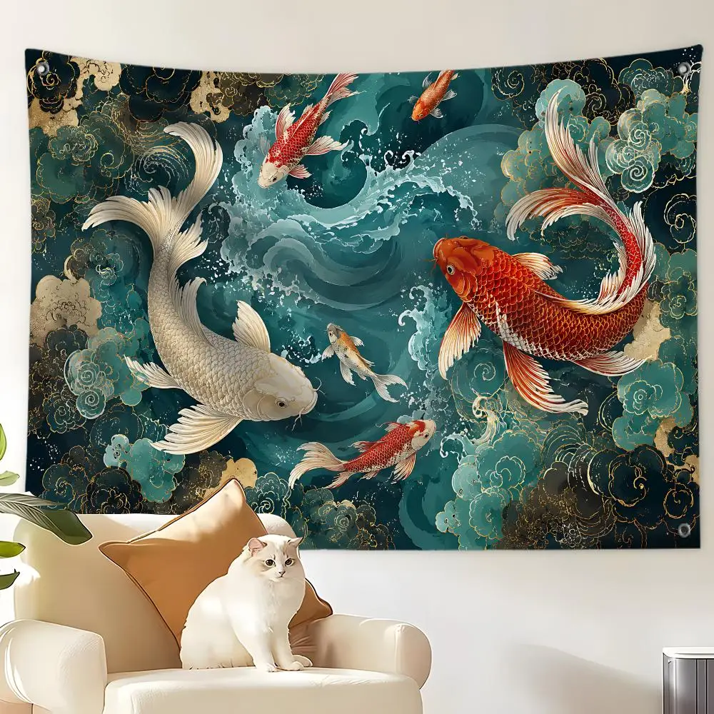 Chinese Koi Fish Pattern Flags Custom Wall Hanging Background Art Banner For Bedroom Home Living Room Outdoor Decor