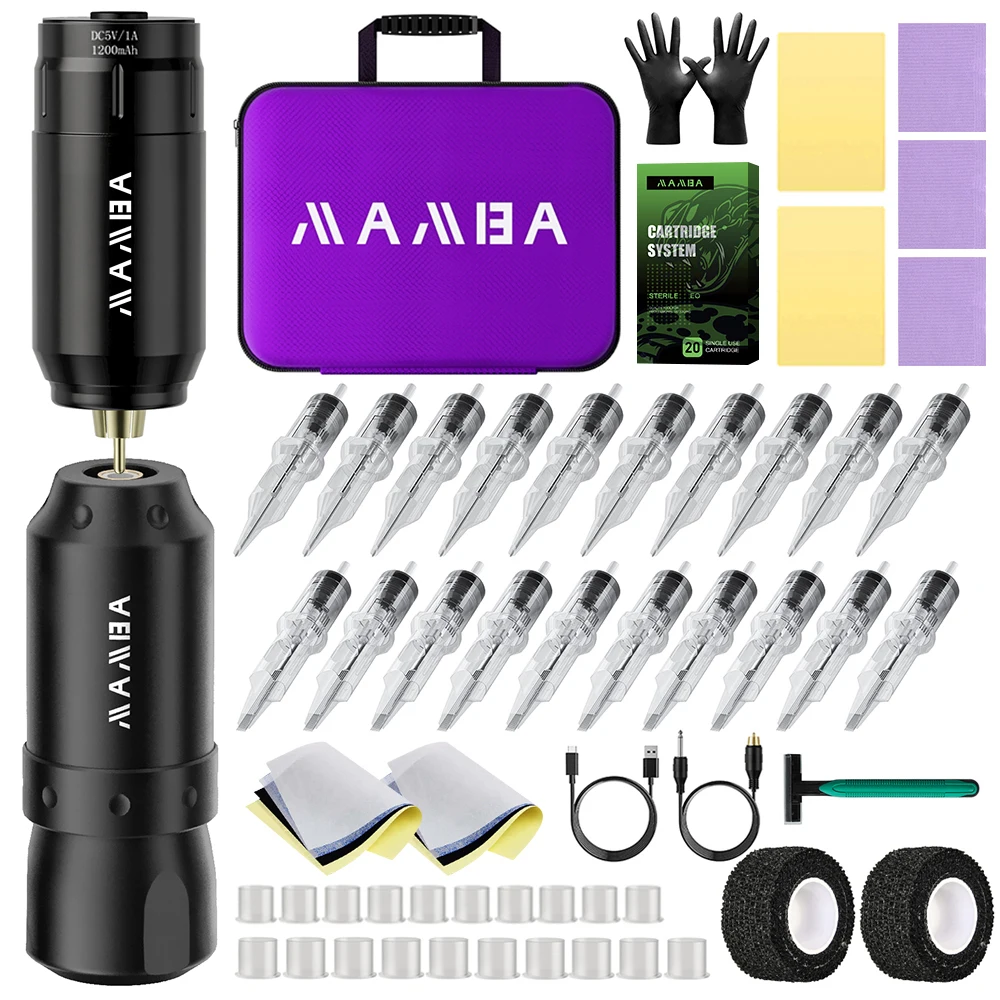 

DM Wireless Tattoo Machine Kit with 1200mAh Mamba Mini Tattoo Battery Complete with Cartridge Needles Ink Cup For Beginner
