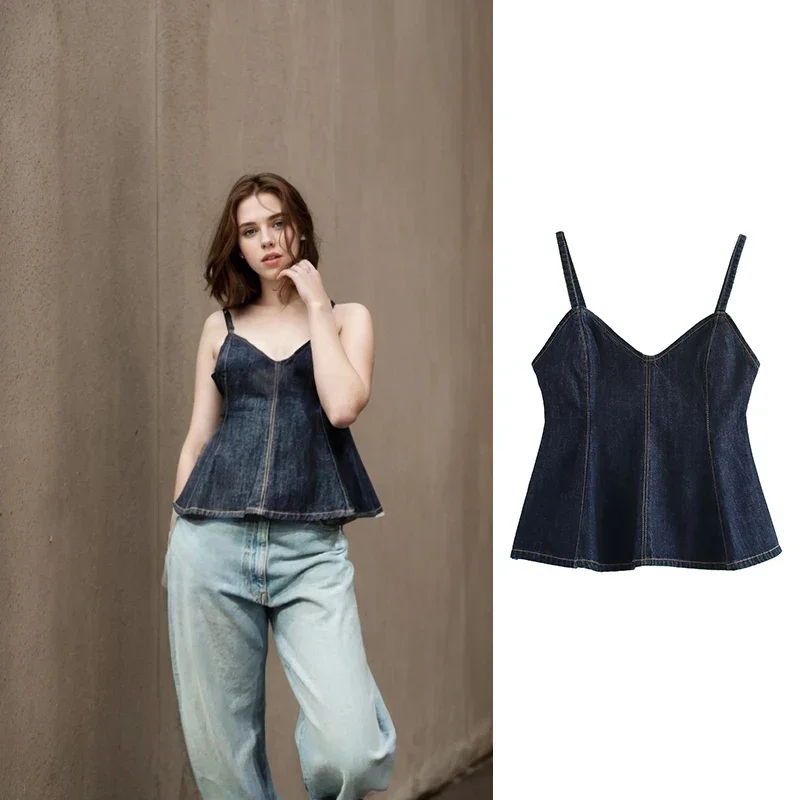 

2025 Spring Summer Slim Fit Denim Tank Top Women's Adjustable Straps V-Neck Daily Wear Casual Outfit Street Style